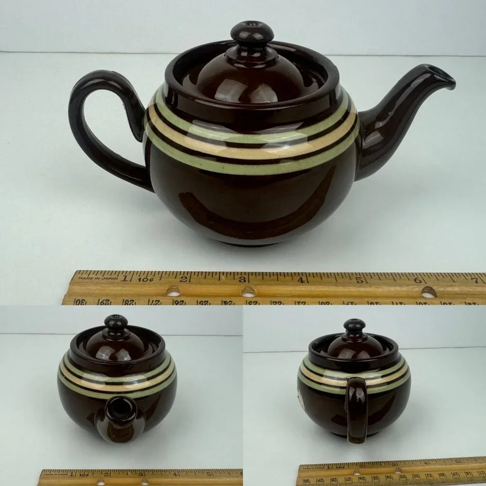 Vtg Single Serve‎ Brown Genuine Old English Redware Teapot w Green Tan Stripes